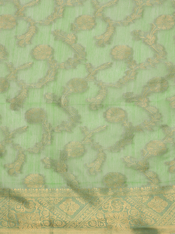Green Floral Woven Zari Cotton Saree with Unstitched Blouse