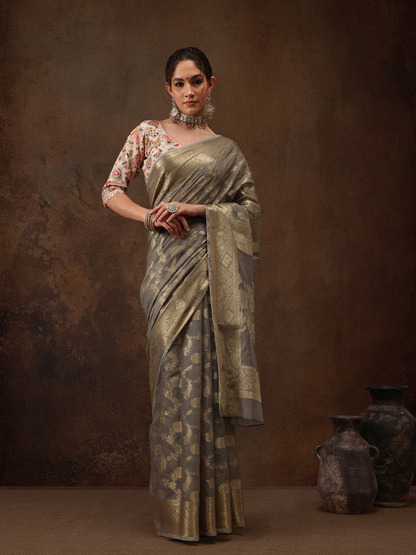 Gray cotton saree with floral woven zari design detail