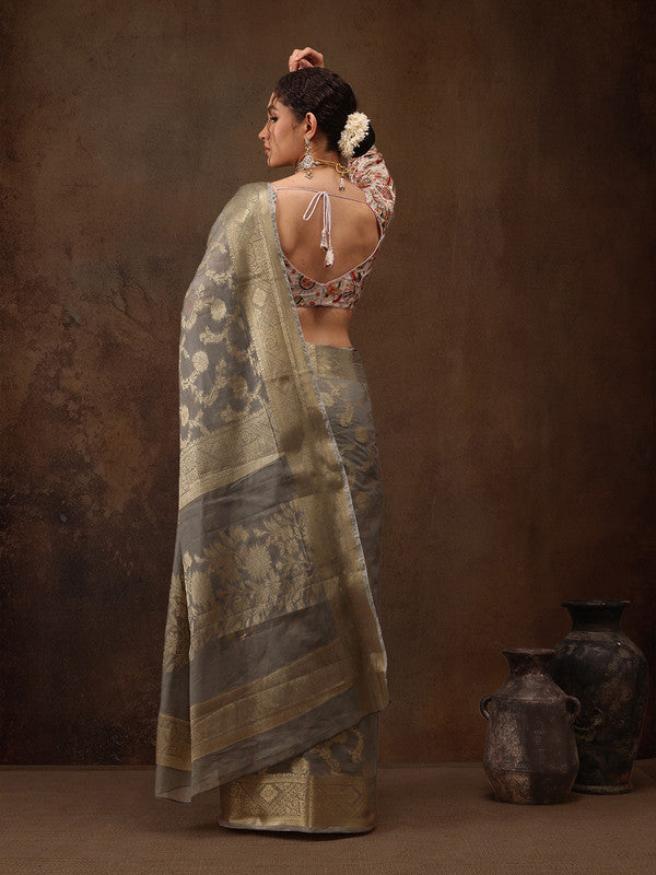 Gray Cotton Saree with Floral Woven Zari Design
