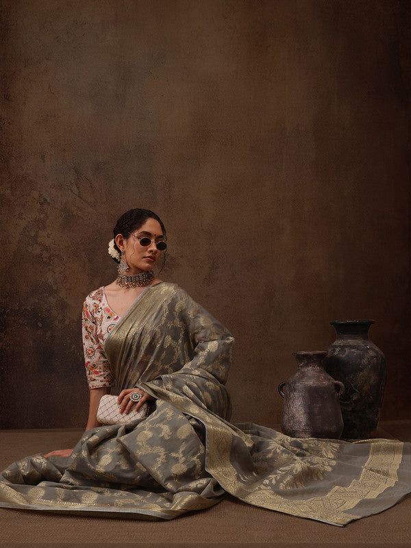 Gray Cotton Saree with Floral Woven Zari Design