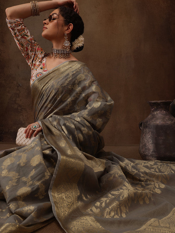 Gray Cotton Saree with Floral Woven Zari Design