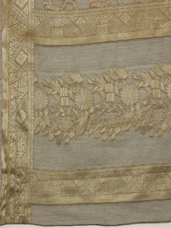 Gray Cotton Saree with Floral Woven Zari Design