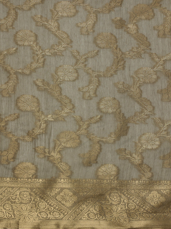 Gray Cotton Saree with Floral Woven Zari Design