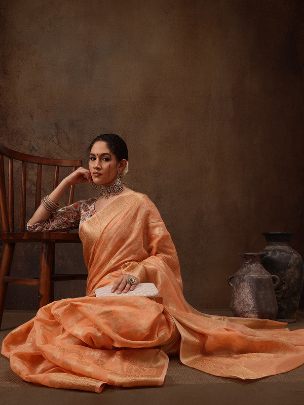 Peach Cotton Woven Zari Design Floral Saree with Unstitched Blouse - Hiral Fashion