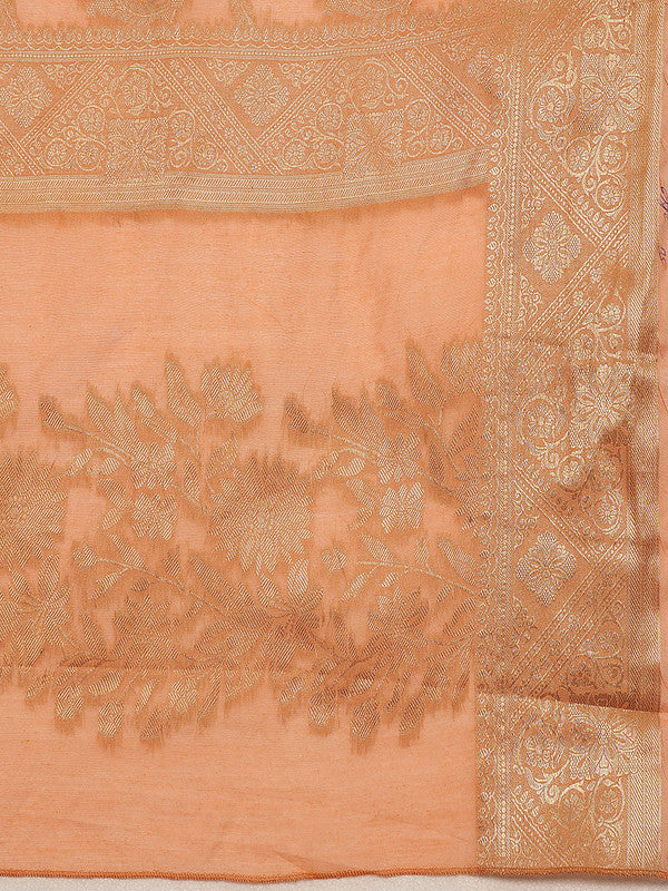 Peach Cotton Woven Zari Design Floral Saree with Unstitched Blouse - Hiral Fashion
