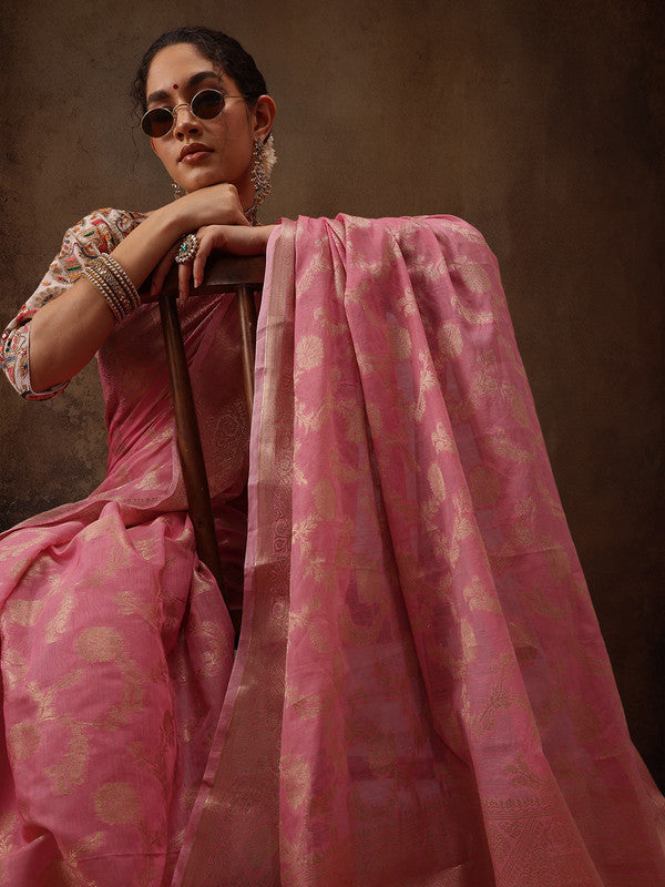 Pink floral cotton saree with woven zari detailing and unstitched blouse