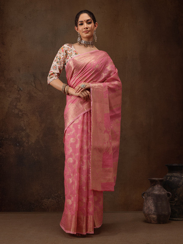 Pink Floral Woven Zari Cotton Saree with Unstitched Blouse