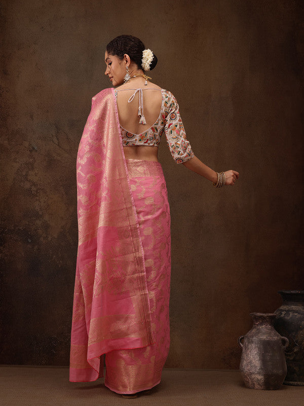 Pink Floral Woven Zari Cotton Saree with Unstitched Blouse