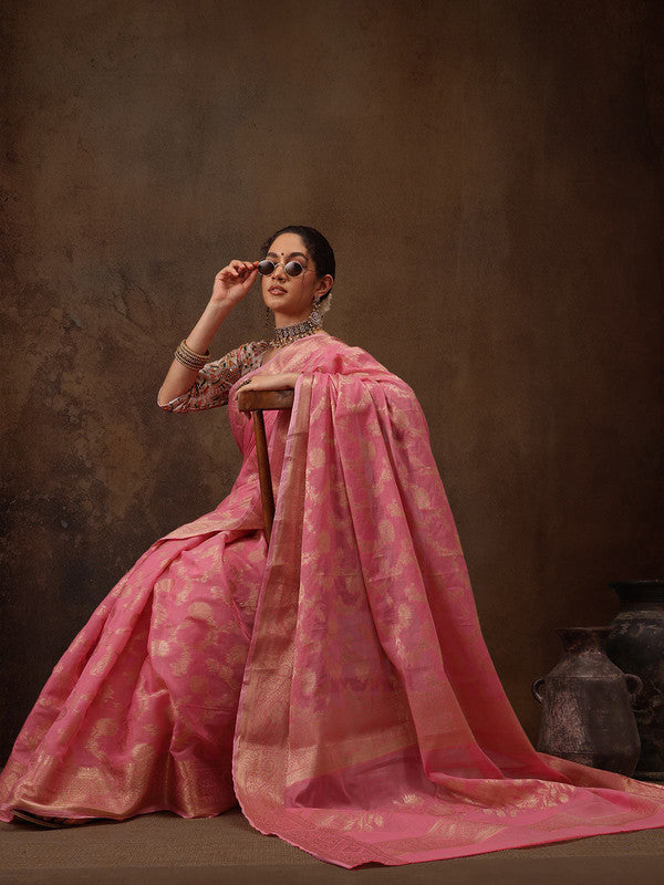 Pink Floral Woven Zari Cotton Saree with Unstitched Blouse