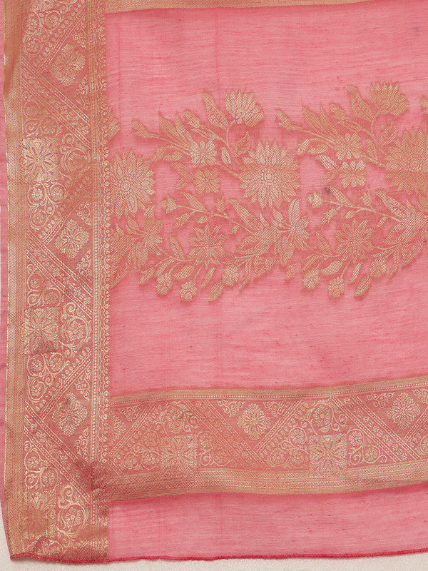 Pink Floral Woven Zari Cotton Saree with Unstitched Blouse