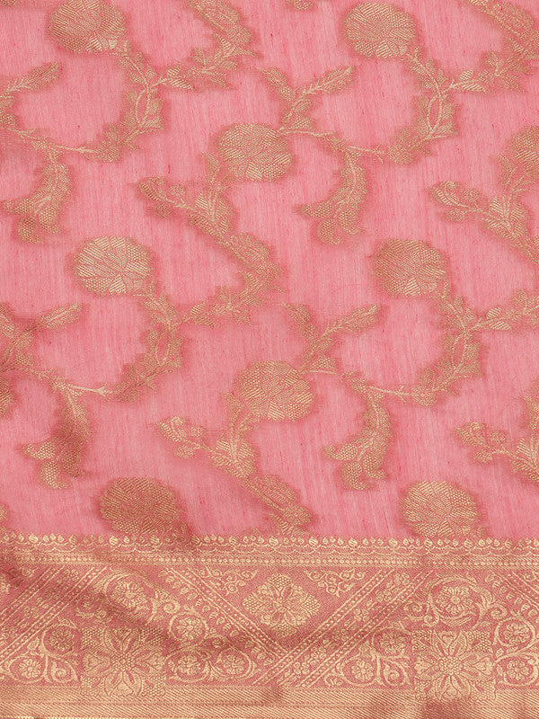 Pink Floral Woven Zari Cotton Saree with Unstitched Blouse