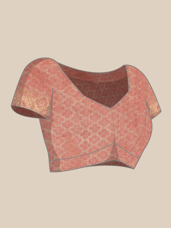 Pink Floral Woven Zari Cotton Saree with Unstitched Blouse