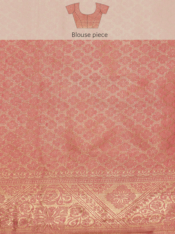 Pink Floral Woven Zari Cotton Saree with Unstitched Blouse