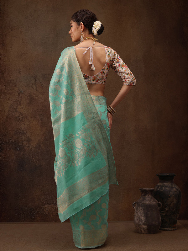 Turquoise Cotton Woven Zari Design Saree with Unstitched Blouse