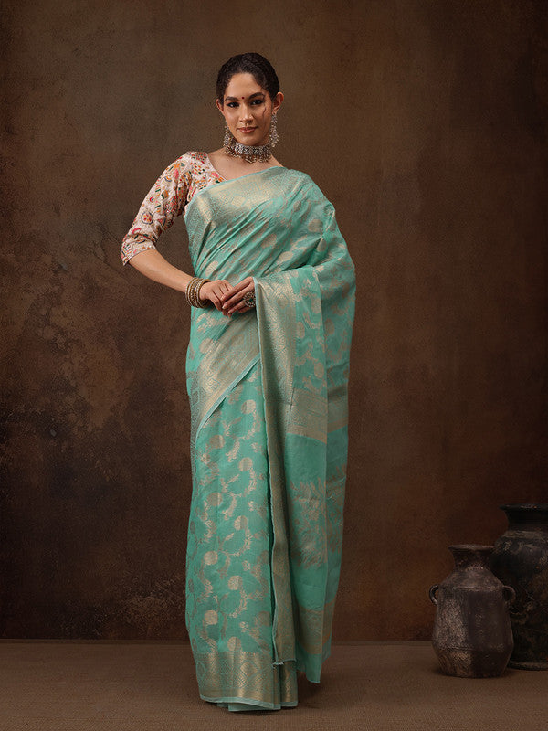 Turquoise Cotton Woven Zari Design Saree with Unstitched Blouse