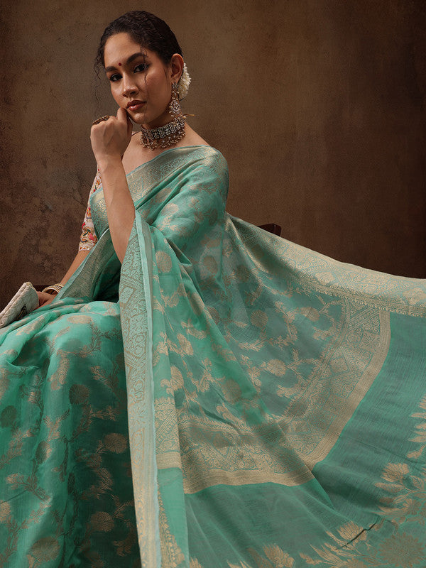 Turquoise Cotton Woven Zari Design Saree with Unstitched Blouse