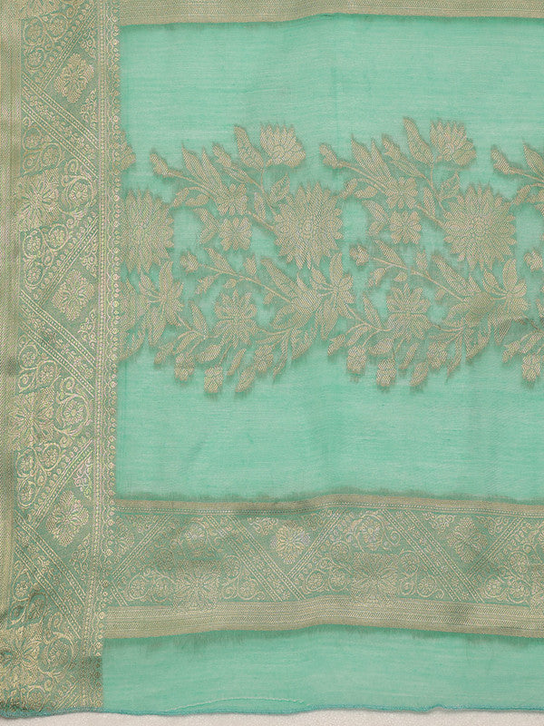 Turquoise Cotton Woven Zari Design Saree with Unstitched Blouse