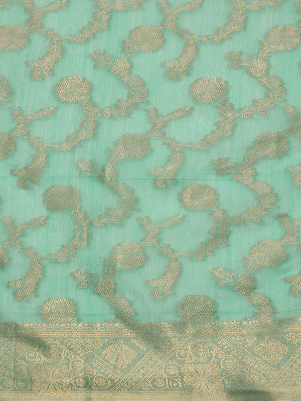 Turquoise Cotton Woven Zari Design Saree with Unstitched Blouse