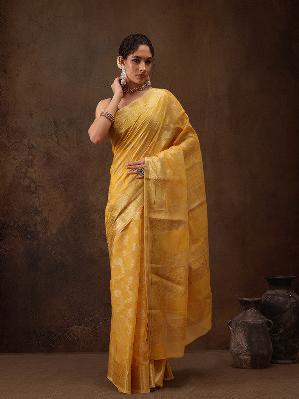 Yellow Floral Woven Zari Cotton Saree with Unstitched Blouse