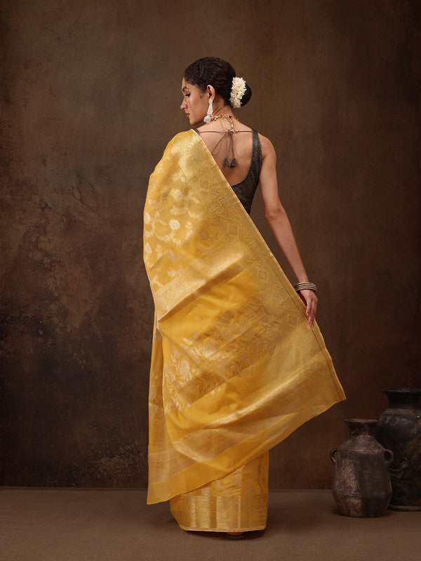 Yellow Floral Woven Zari Cotton Saree with Unstitched Blouse
