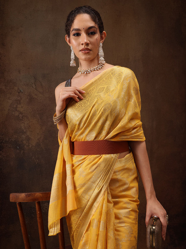 Yellow Floral Woven Zari Cotton Saree with Unstitched Blouse