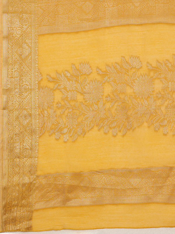 Yellow Floral Woven Zari Cotton Saree with Unstitched Blouse