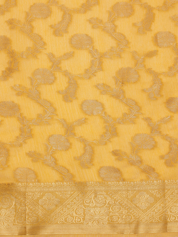 Yellow Floral Woven Zari Cotton Saree with Unstitched Blouse