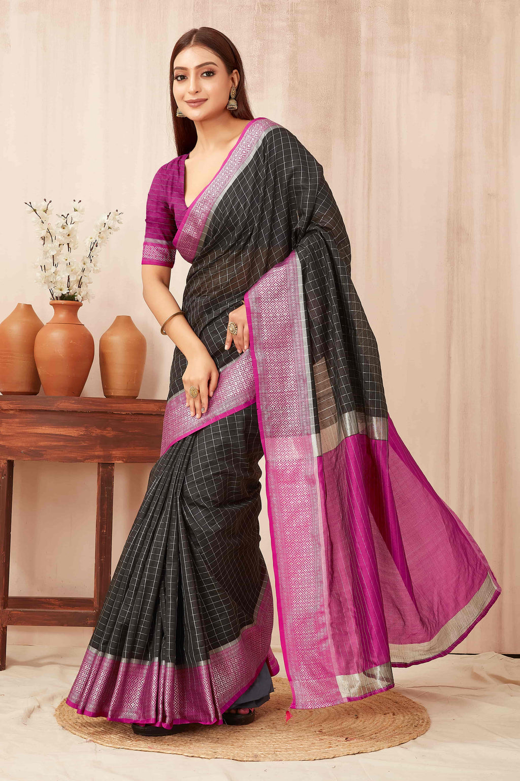 Black Banarasi Soft Silk Saree with Zari Woven Checks