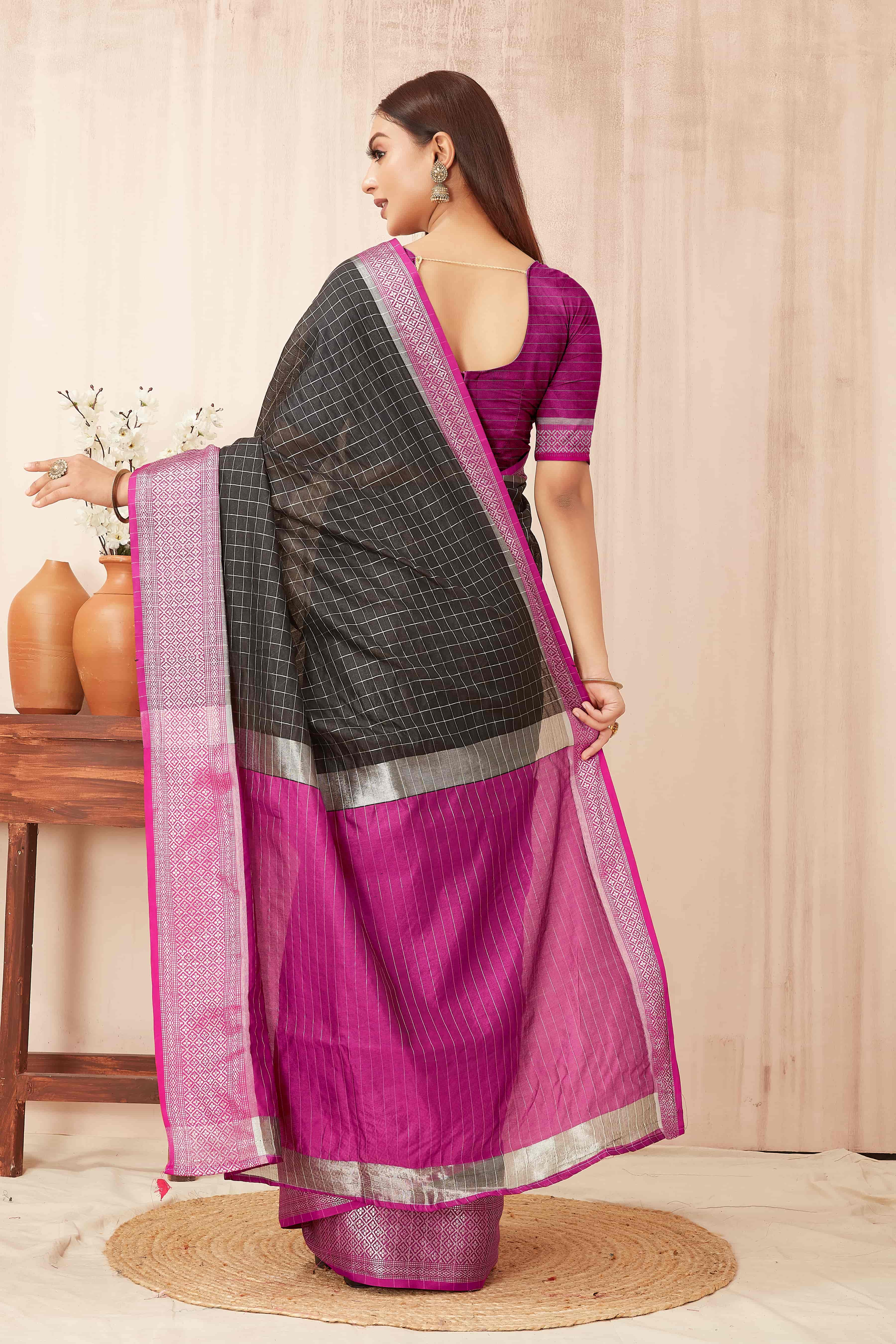 Black Banarasi Soft Silk Saree with Zari Woven Checks