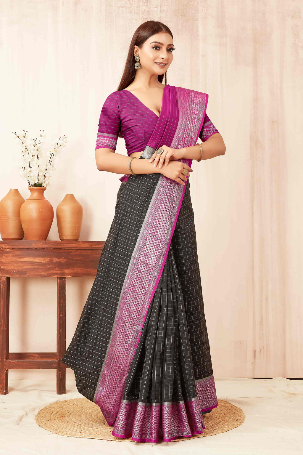 Black Banarasi Soft Silk Saree with Zari Woven Checks