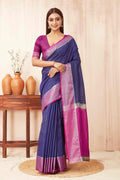 Blue soft silk saree with classic checks and intricate zari border