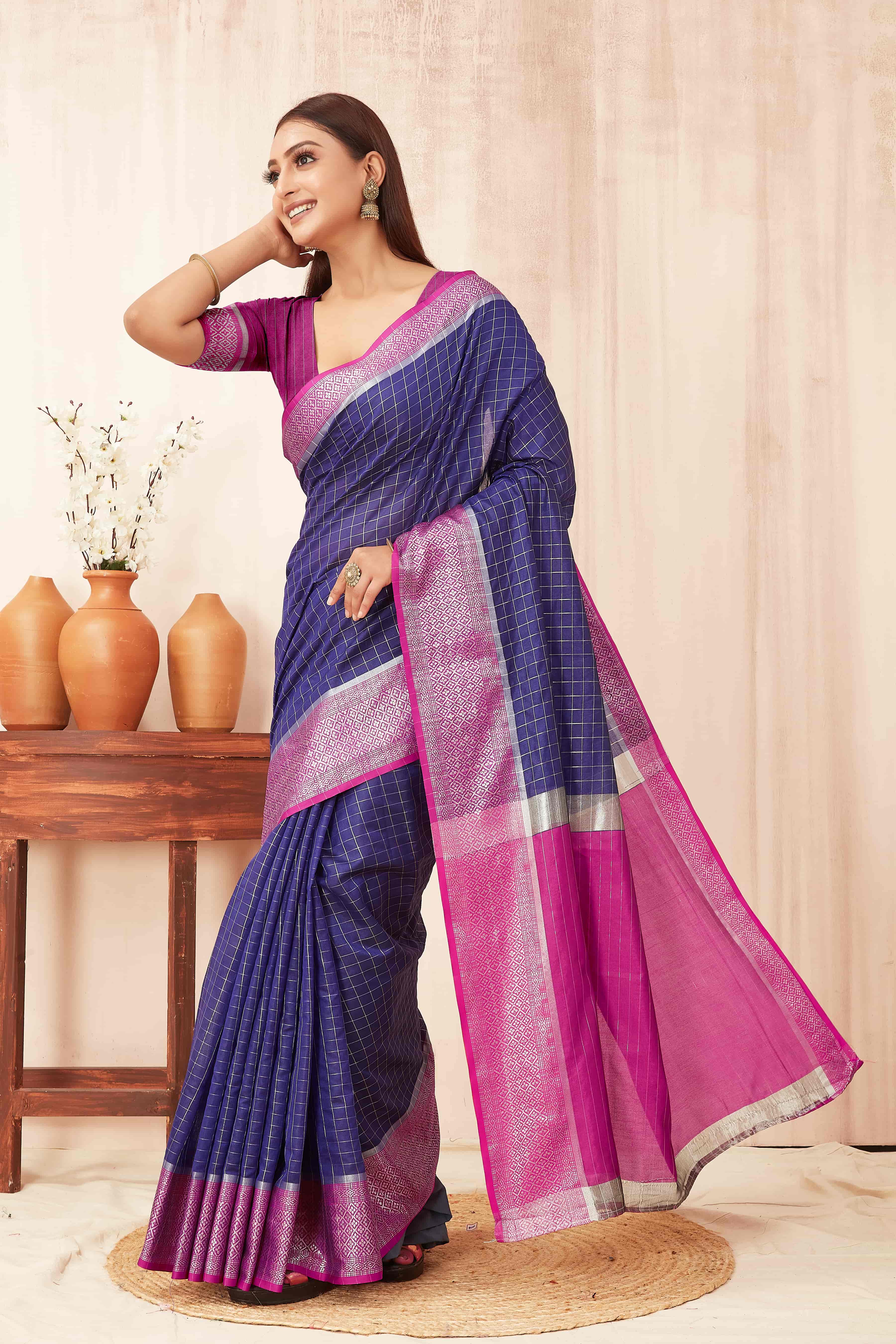 Blue Banarasi Soft Silk Checks Saree with Zari Woven Detail