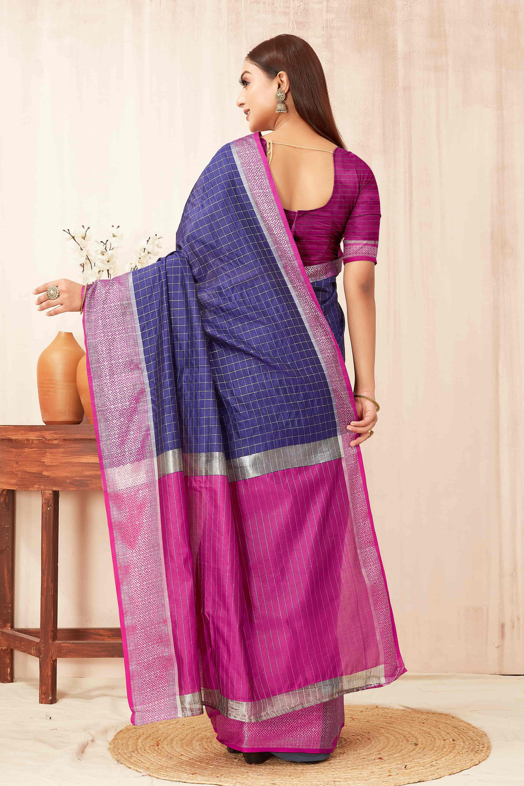 Blue Banarasi Soft Silk Checks Saree with Zari Woven Detail