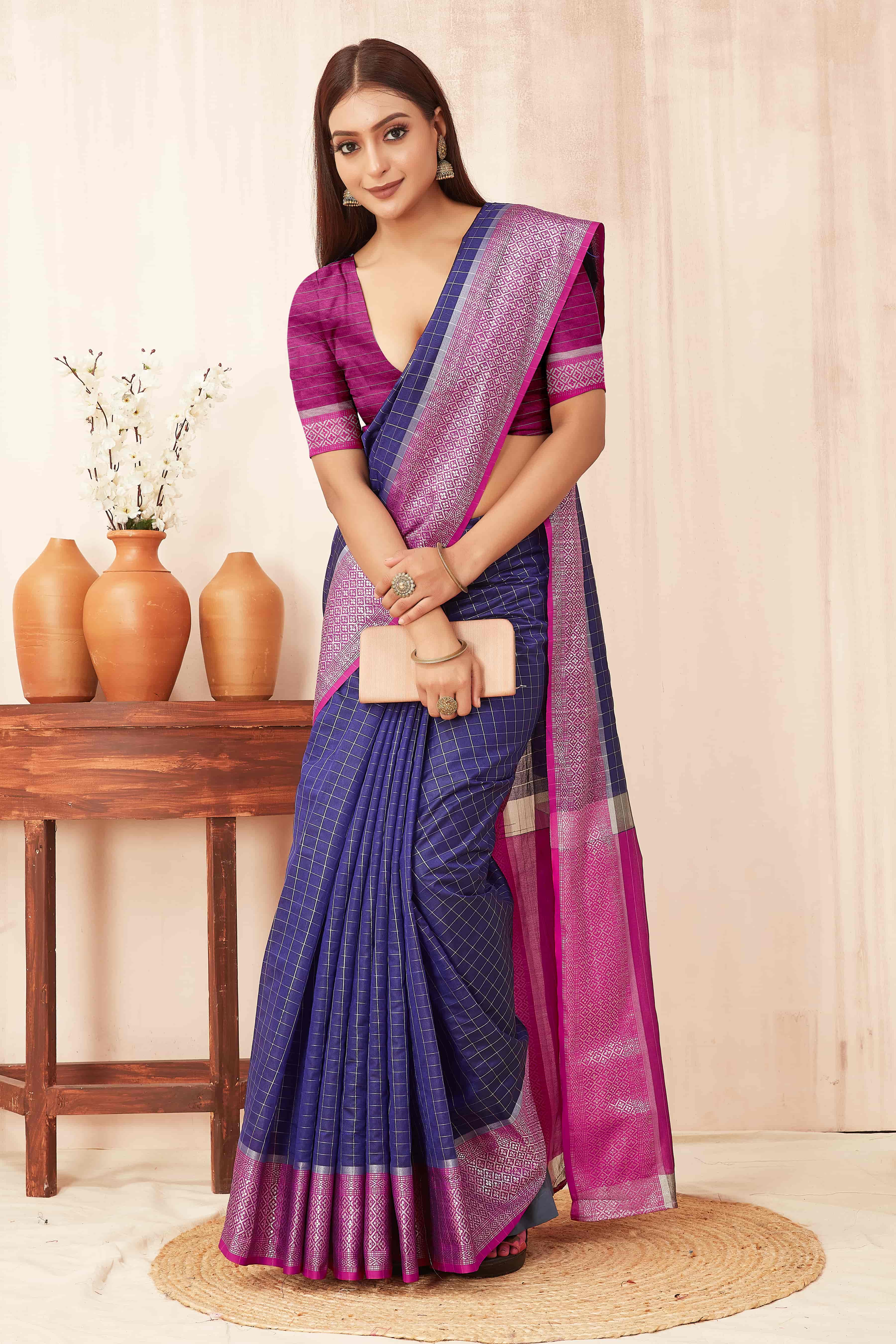Blue Banarasi Soft Silk Checks Saree with Zari Woven Detail