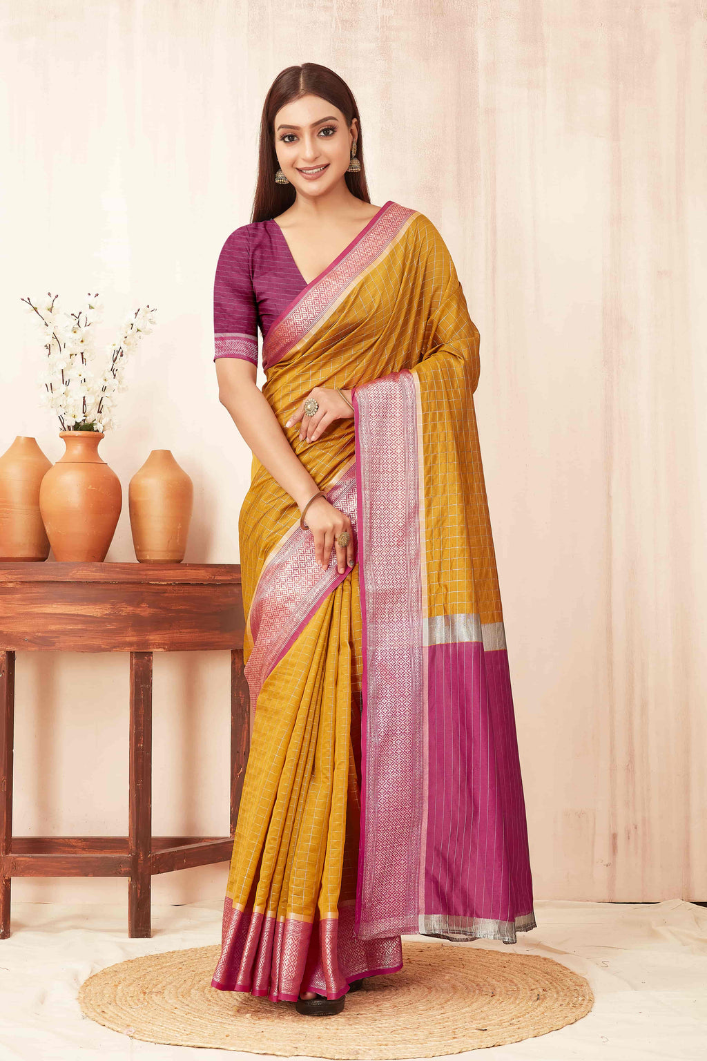 Mustard Banarasi soft silk saree with traditional checks pattern and zari woven border