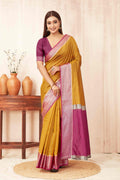 Mustard Banarasi soft silk saree with traditional checks pattern and zari woven border