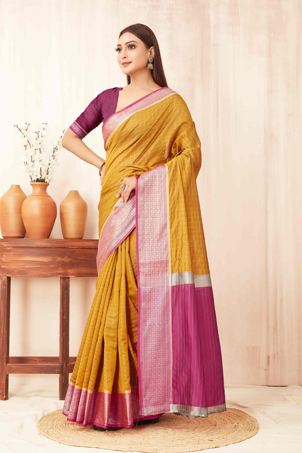 Mustard Banarasi Soft Silk Saree with Checks and Zari Woven Border