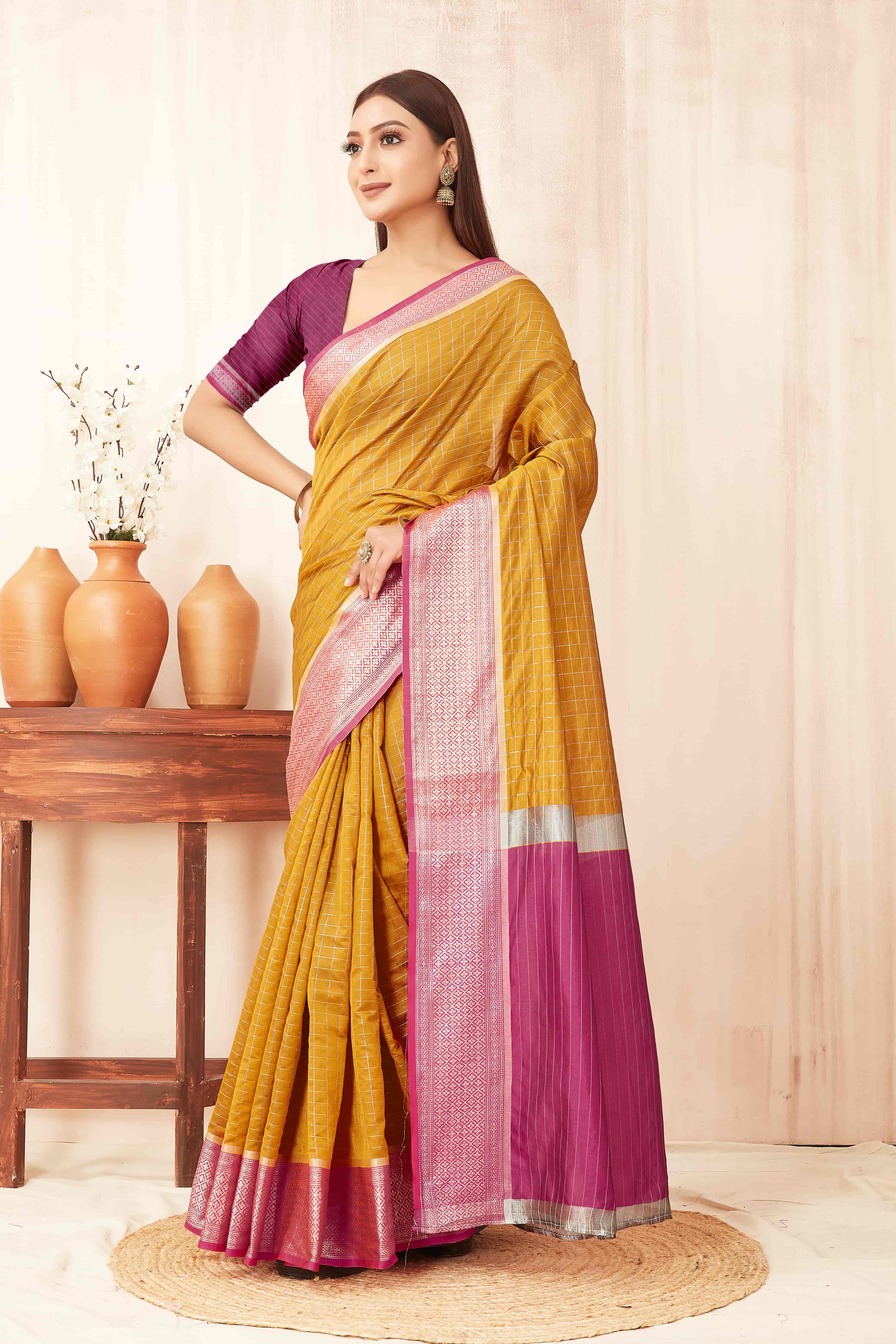 Mustard Banarasi Soft Silk Saree with Checks and Zari Woven Border