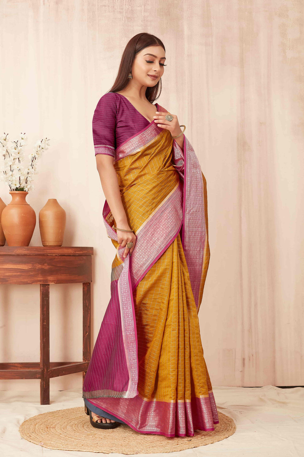 Mustard Banarasi Soft Silk Saree with Checks and Zari Woven Border