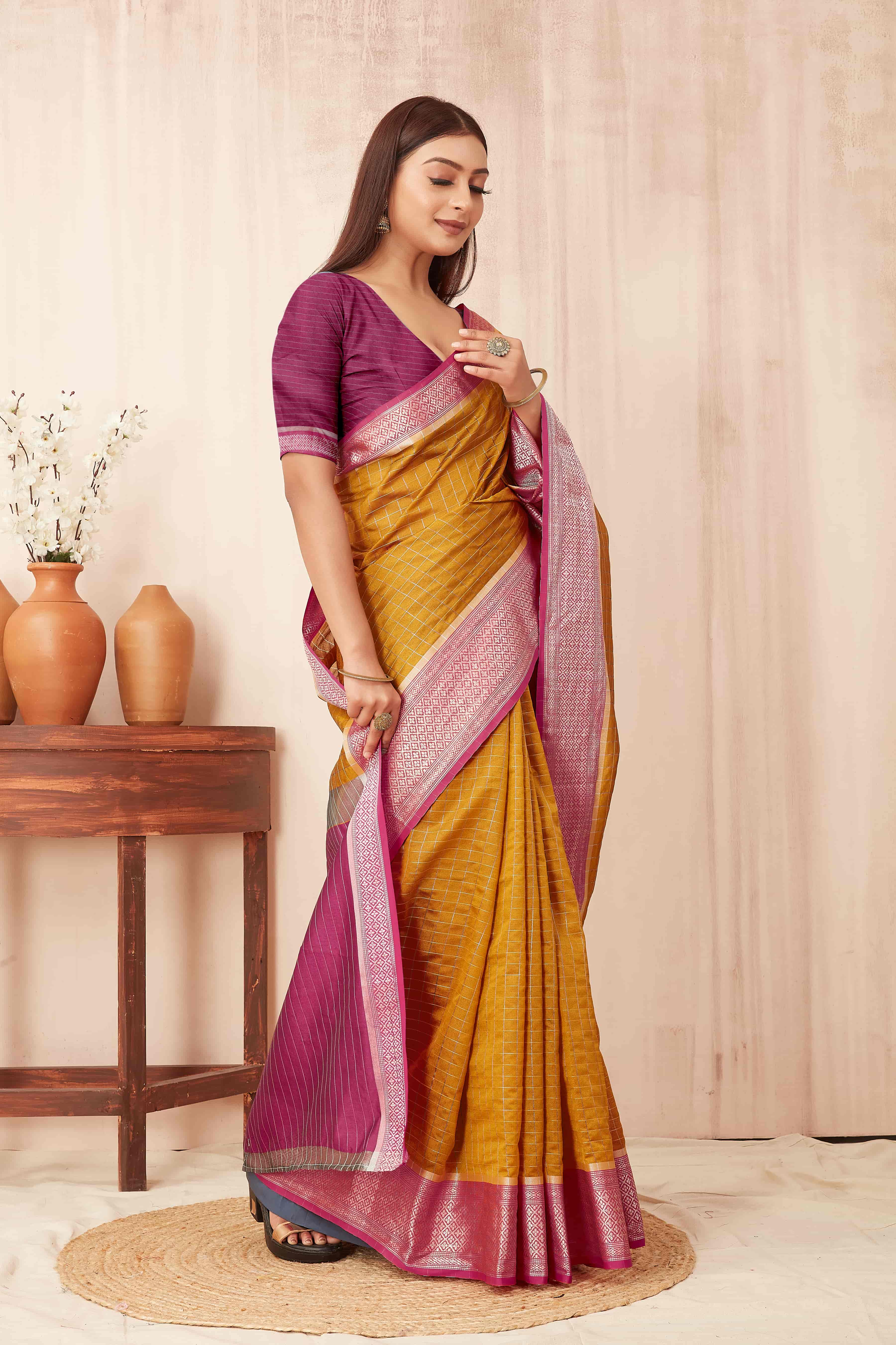 Mustard Banarasi Soft Silk Saree with Checks and Zari Woven Border