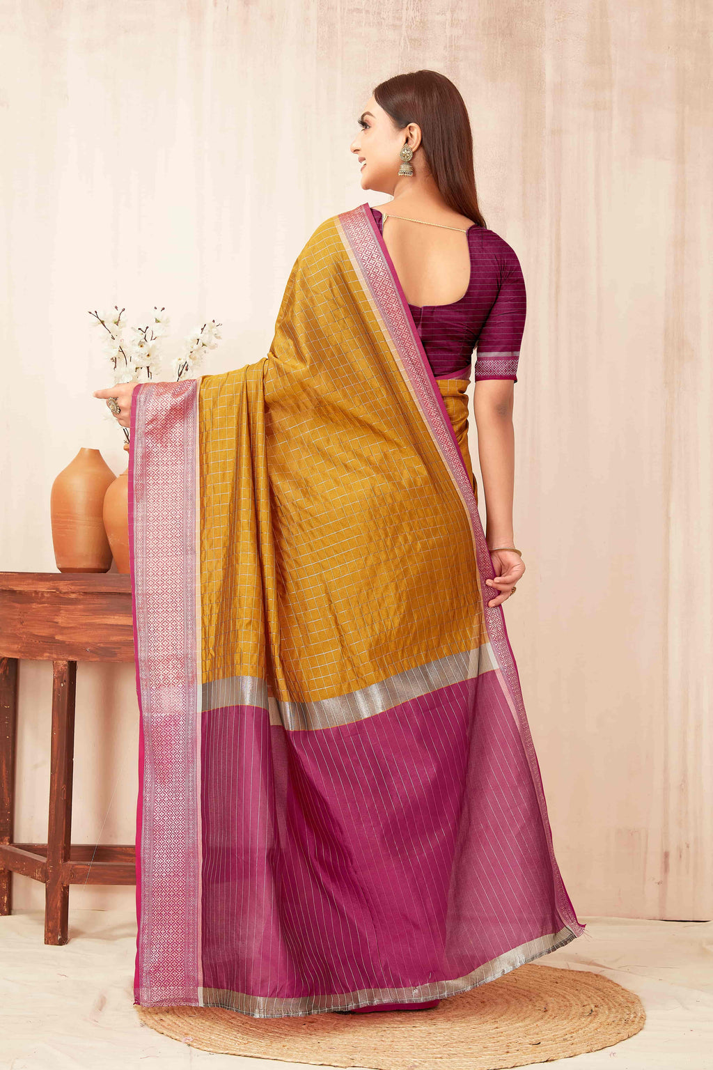 Mustard Banarasi Soft Silk Saree with Checks and Zari Woven Border