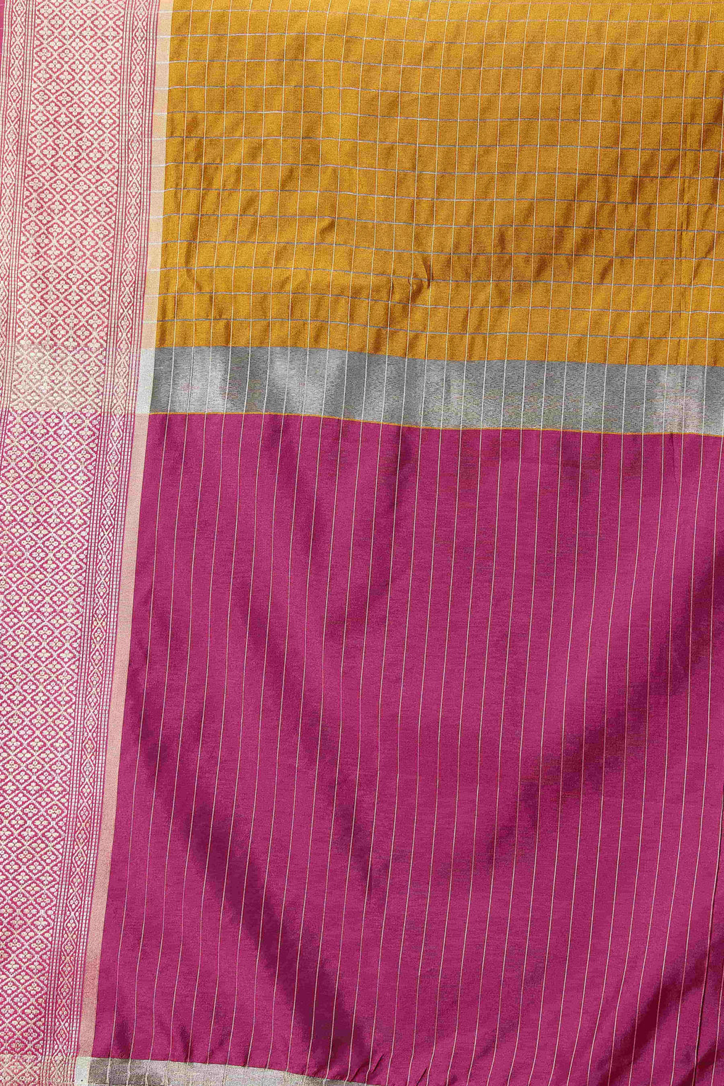 Mustard Banarasi Soft Silk Saree with Checks and Zari Woven Border