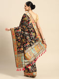 Black cotton blend saree with woven floral thread work and matching unstitched blouse