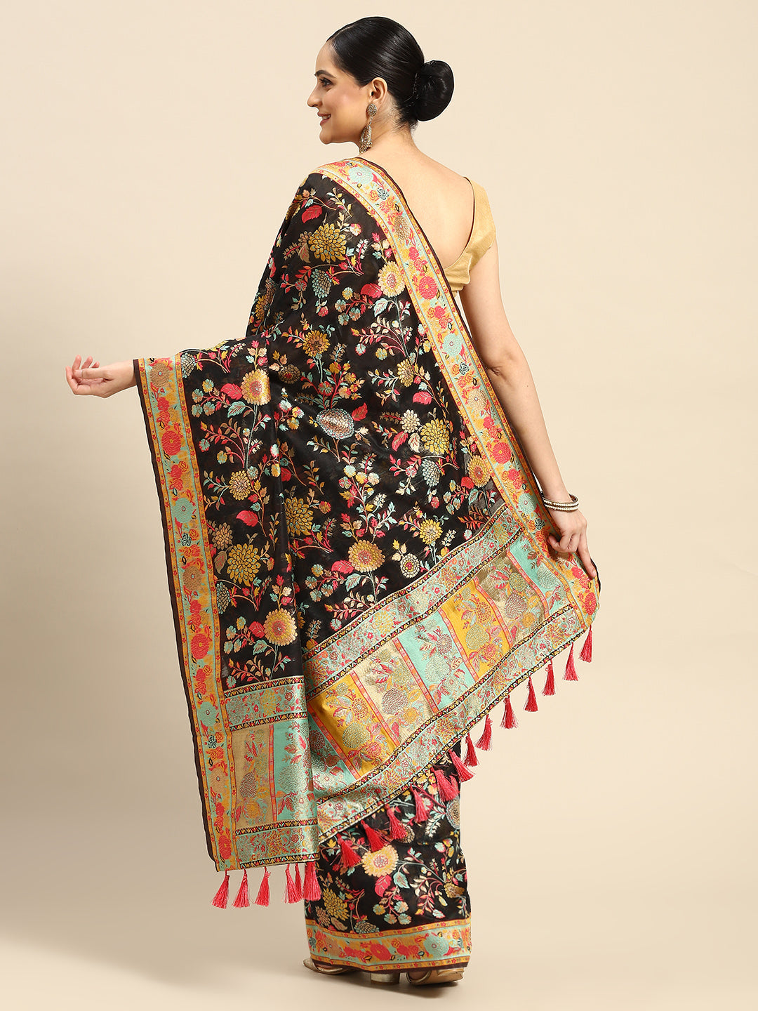 Black cotton blend saree with woven floral thread work and matching unstitched blouse