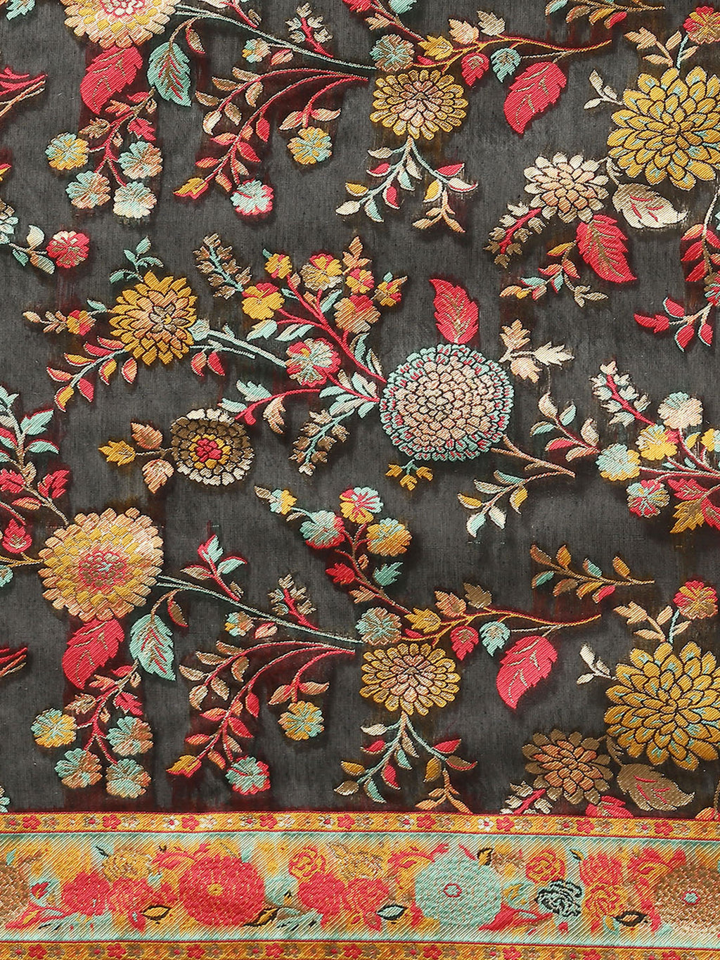 Black Cotton Blend Woven Thread Floral Saree with Unstitched Blouse