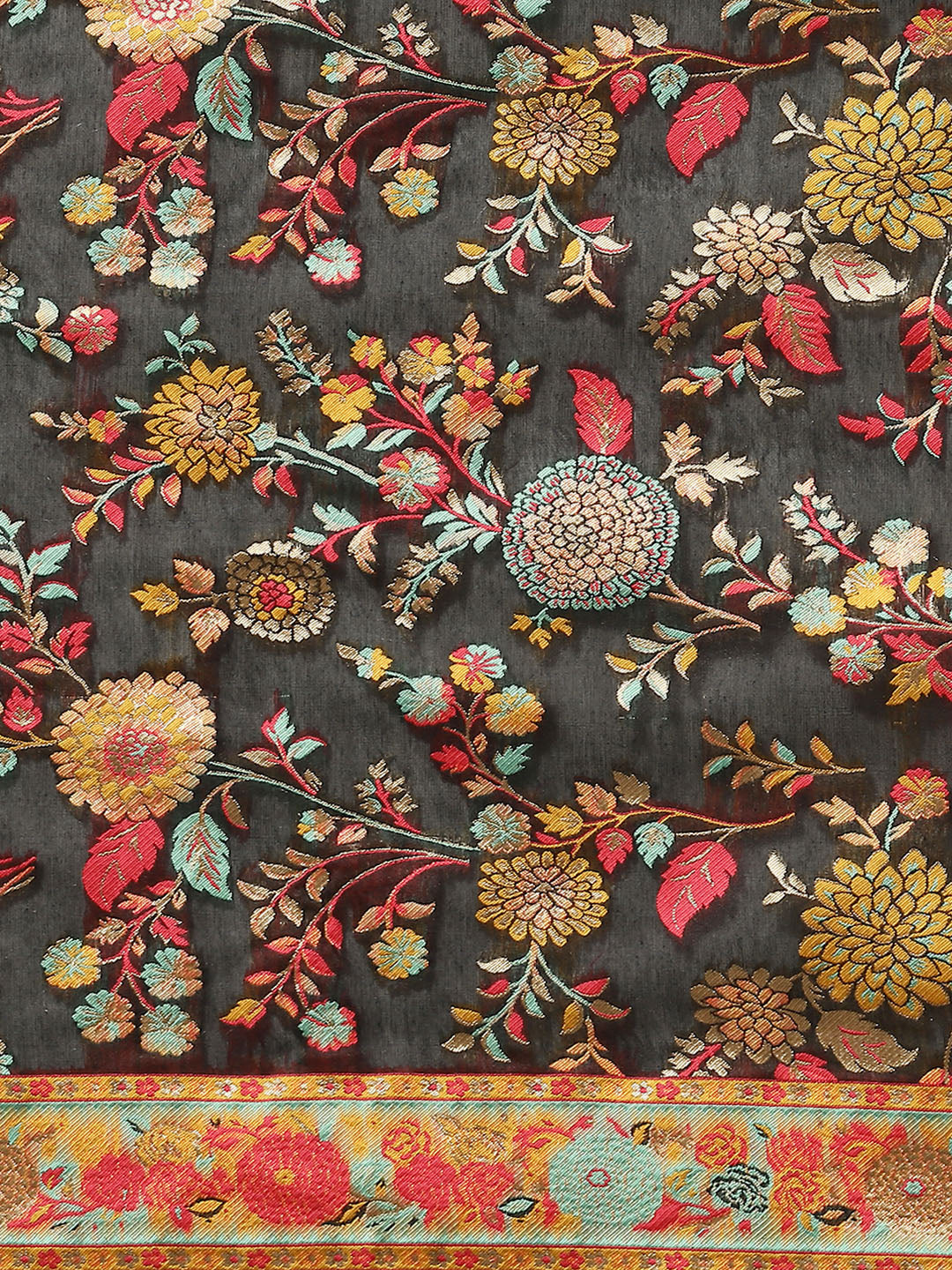 Black Cotton Blend Woven Thread Floral Saree with Unstitched Blouse