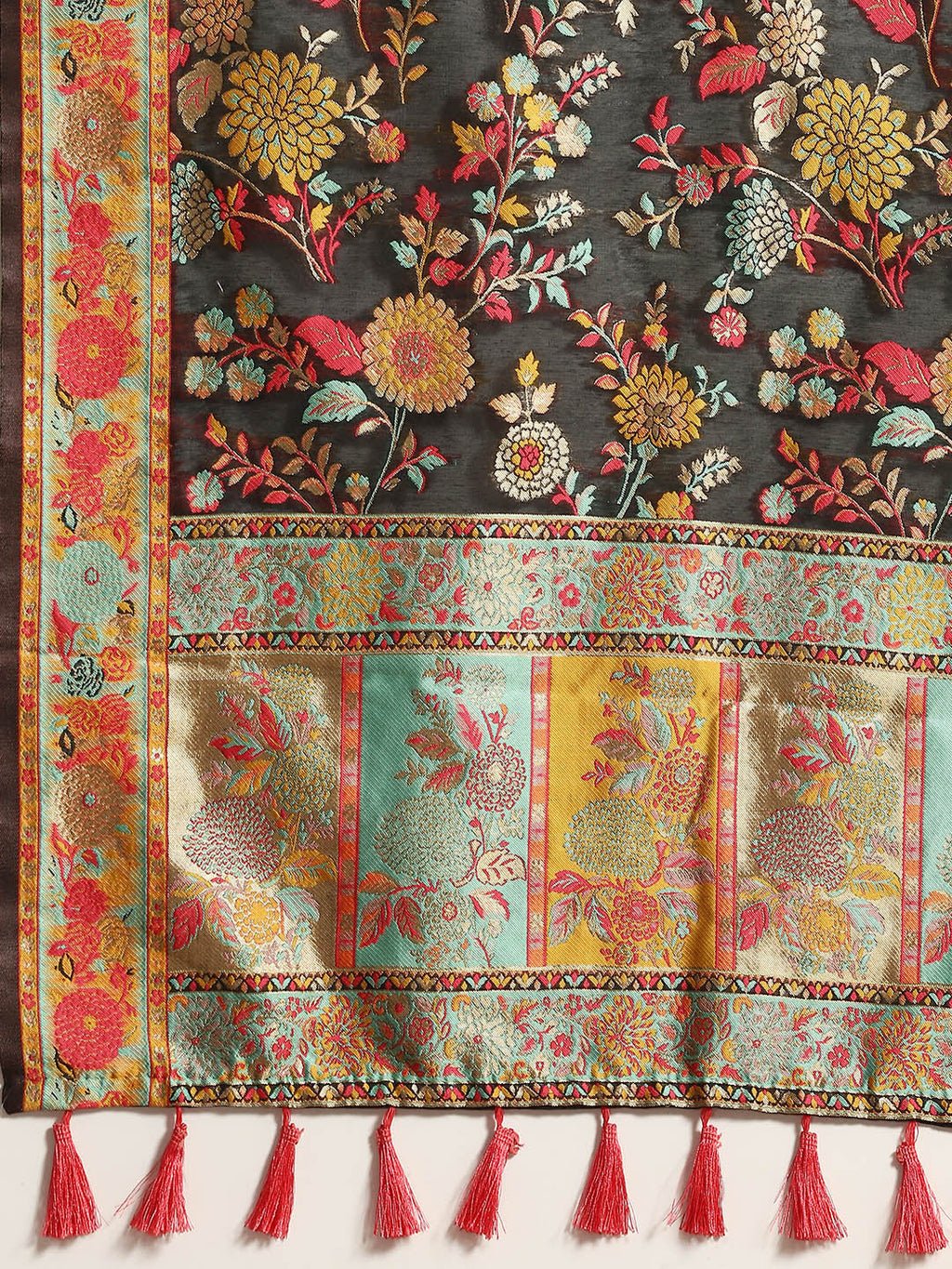 Black Cotton Blend Woven Thread Floral Saree with Unstitched Blouse