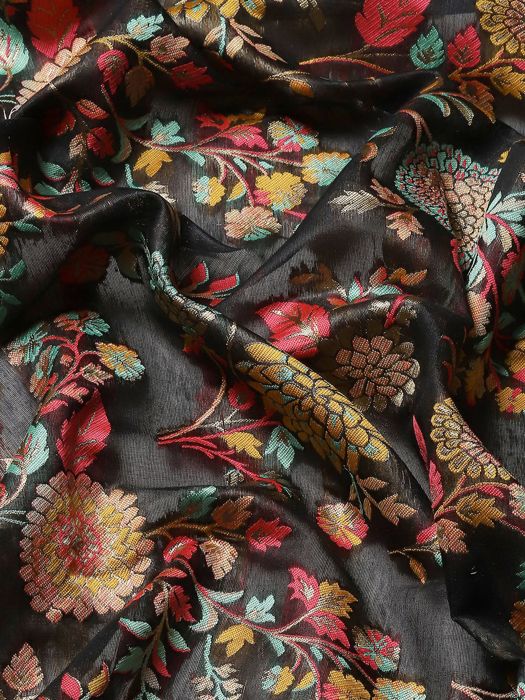 Black Cotton Blend Woven Thread Floral Saree with Unstitched Blouse