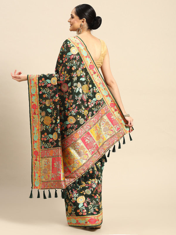 Green Cotton Blend Floral Saree with Thread Work & Blouse