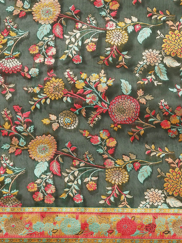 Green Cotton Blend Floral Saree with Thread Work & Blouse